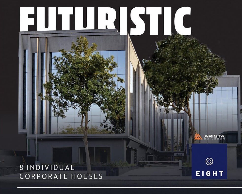A futuristic image of 8 individual corporate houses at Arista Buildcon-@eight