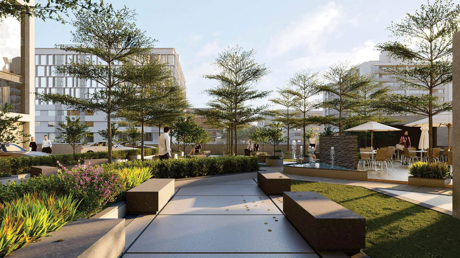 The water feature and and garden area of Arista-iconic Shyamal